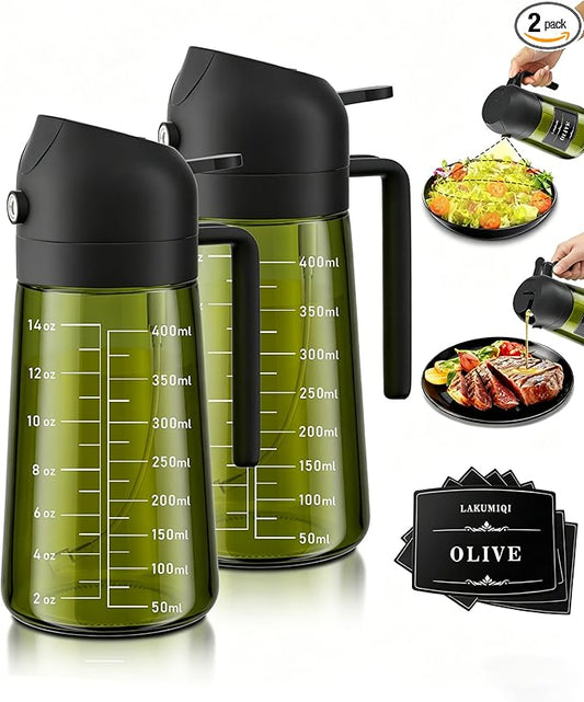 LAKUMIQI 2 in 1 Oil Sprayer for Cooking, 16oz Olive Oil Dispenser Bottle for Kitchen, Food Grade Light-Blocking Glass Spray Bottle for Salad, Air Fryer, BBQ by LAKUMIQI