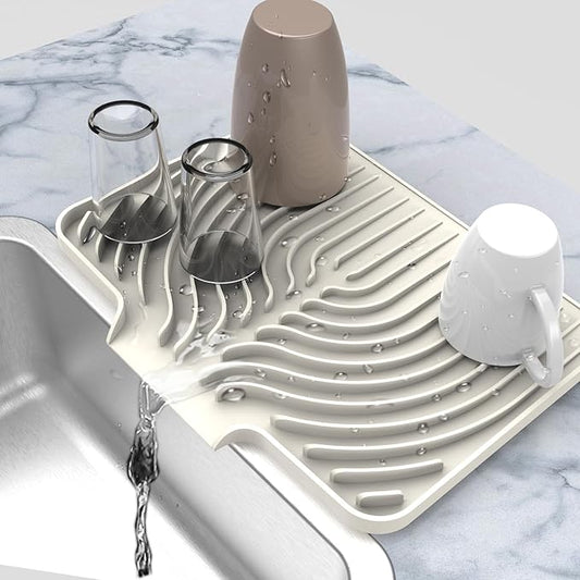 Silicone Drying Mat for Kitchen Counter , Dish Drying Rack Matt with Built in Drain, Small Dry Mats for Dishes Drying Pad for Kitchen Counter (14.6×11inch, cream)