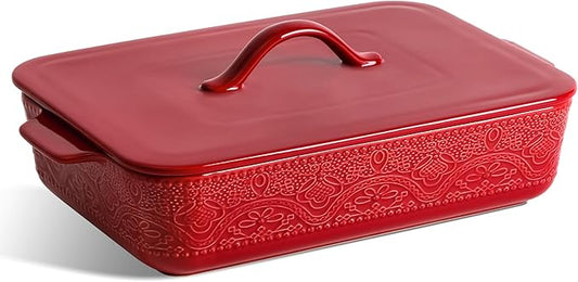 Casserole Dish with Lid, Ceramic 9x13 Casserole Dish for Oven, Rectangular Bakeware, Large Baking Dish with Handles for Holiday Cooking, Roasting, Baking, Oven & Microwave Safe (Red) by IntoYourHouseOntoYourTable