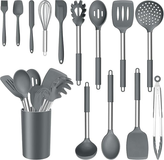 E-far 14 Pieces Silicone Cooking Utensils Set, Kitchen Utensils Set with Holder, Spatula, Ladle, Spoon, Tong, Slotted Turner for Nonstick Cookware, 446°F Heat Resistant & Stainless Steel Handle, Gray by E-far