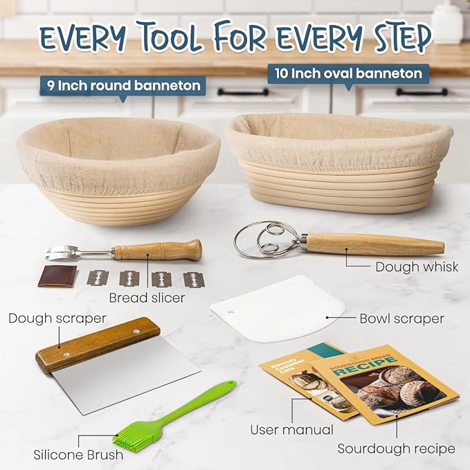 RORECAY Bread Banneton Proofing Basket Set, 9 Inch Round & 10 Inch Oval Cane Sourdough Baskets with Dough Whisk Lame Dough Scraper Bowl Scraper Silicone Brush Sourdough Bread Baking Supplies - Image 6