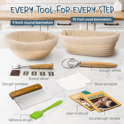 RORECAY Bread Banneton Proofing Basket Set, 9 Inch Round & 10 Inch Oval Cane Sourdough Baskets with Dough Whisk Lame Dough Scraper Bowl Scraper Silicone Brush Sourdough Bread Baking Supplies - Image 6