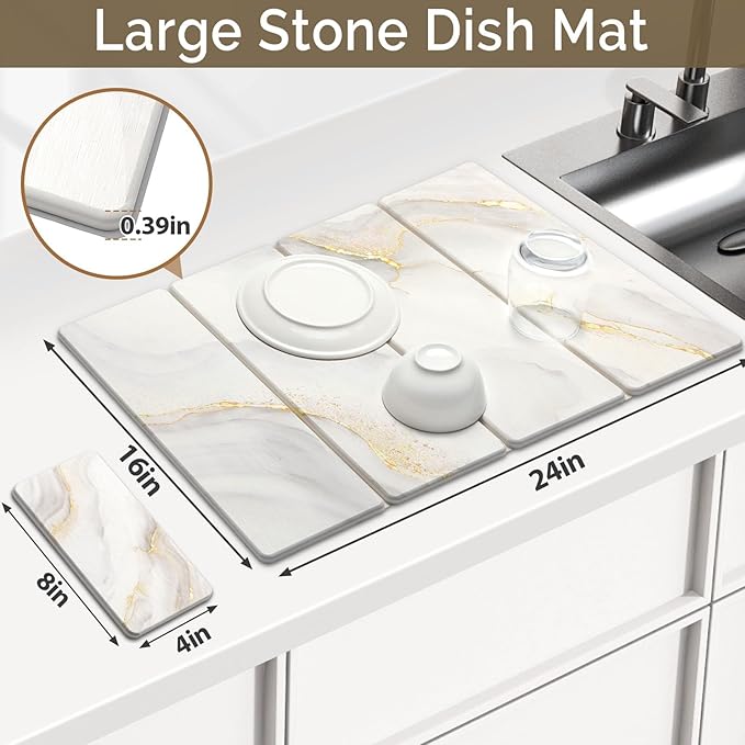 Large Stone Dish Drying Mat for Kitchen Counter, 2 PCS Quick Dry Stone Mats, Foldable Water Absorbing Diatomaceous Earth Drying Dishes Pad for Countertop Bottle Utensil Cup(Yellow White 24"x16"&8"x4") - Image 2