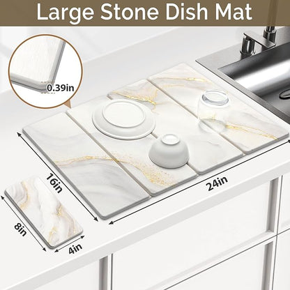 Large Stone Dish Drying Mat for Kitchen Counter, 2 PCS Quick Dry Stone Mats, Foldable Water Absorbing Diatomaceous Earth Drying Dishes Pad for Countertop Bottle Utensil Cup(Yellow White 24"x16"&8"x4") - Image 2