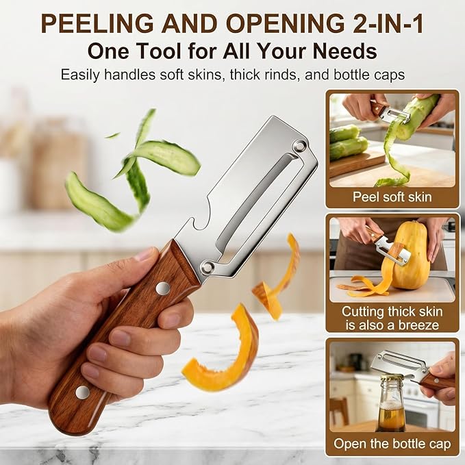 MultiFunctional Vegetable Peeler for Kitchen, Vegetable Peeler with Wooden Handle and Bottle Opener, 2-in-1 Stainless Steel Kitchen Peelers for Fruit Veggie Apple Potato Pumpkin Papaya(1PCS) - Image 2