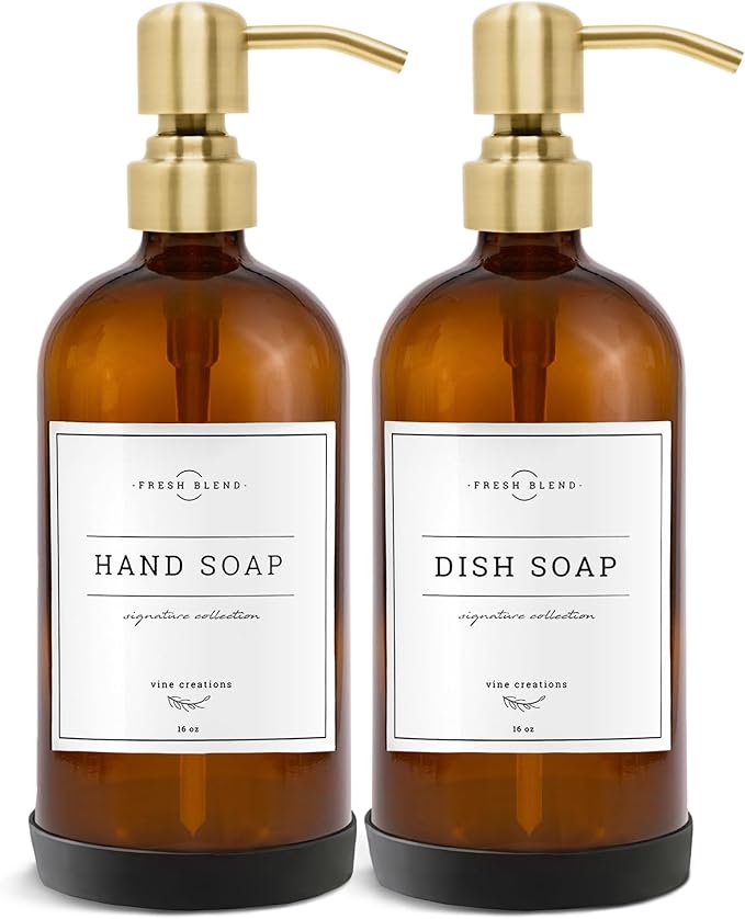 Vine Creations Amber Glass Soap Dispenser, 2 Pack Kitchen Soap Dispenser Set with Stainless Steel Pump, 16 oz Hand Soap and Dish Soap Dispensers for Kitchen or Bathroom with Waterproof Labels by VineCreations