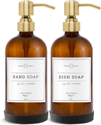 Vine Creations Amber Glass Soap Dispenser, 2 Pack Kitchen Soap Dispenser Set with Stainless Steel Pump, 16 oz Hand Soap and Dish Soap Dispensers for Kitchen or Bathroom with Waterproof Labels by VineCreations