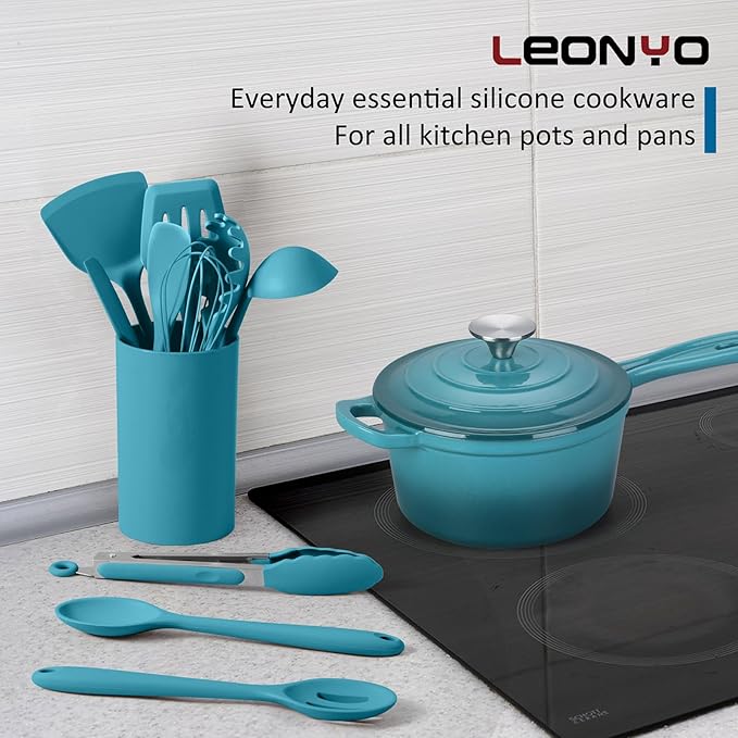 Silicone Cooking Utensils Set of 10, Kitchen Utensils Set for Cooking, 446°F Heat Resistant Silicone Kitchen Tools with Turner Spatula, Soup Ladle, Serving Spoons, Tongs for Nonstick Cookware - Blue