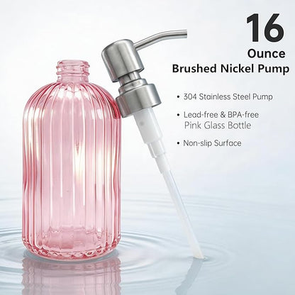 16 OZ Pink Glass Soap Dispenser Glass Soap Dispenser,Clear Pink Stripe Bathroom Hand Soap Dispensers with Stainless Steel Pump, Pink Kitchen Hand Soap Dispenser with Brushed Nickel Pump