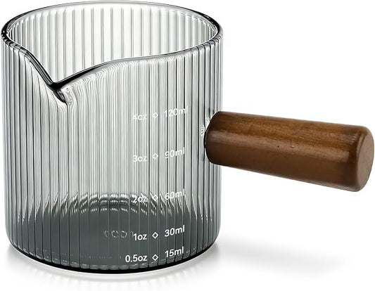 Espresso Measuring Cup 4 Oz, Espresso Glass Cups with Wood Handle, Milk Frothing Cup, Espresso Cup for Coffee, Milk, Tea or Maple Syrup Serving (Gray, 4 oz)