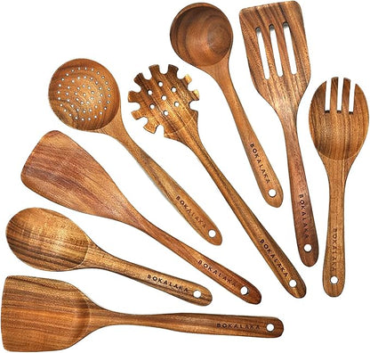 Teak Wooden Spoons for Cooking - 8Pcs Kitchen Utensils Set With Spatulas by BOKALAKA