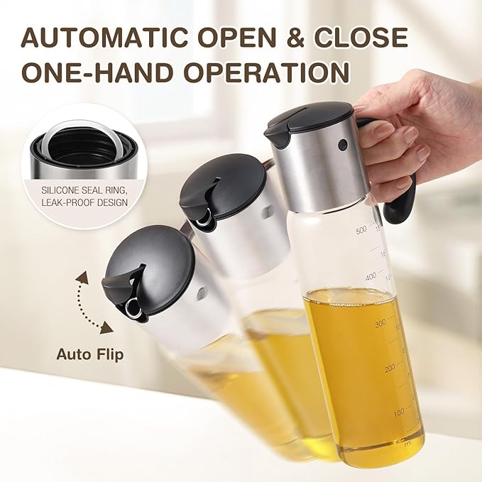 Vucchini Large Olive Oil Dispenser Bottle Kitchen Cooking Oil Dispenser Auto Flip Soy Sauce Container -Stainless Steel Leakproof Vinegar Glass Cruet (10 oz and 17 oz Set) - Image 3