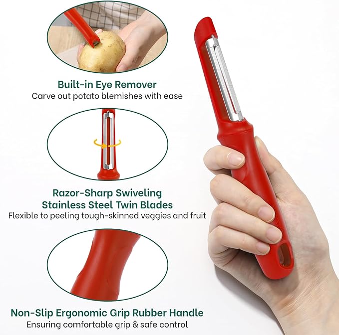 Beneno Swivel Vegetable Peeler, Razor-Sharp Smooth Peeling Potato Peelers with Stainless Steel Blades, Ergonomic Comfort Non-Slip Rubber Handle, Durable Kitchen Peelers with Potato Eye Remover, Red - Image 3