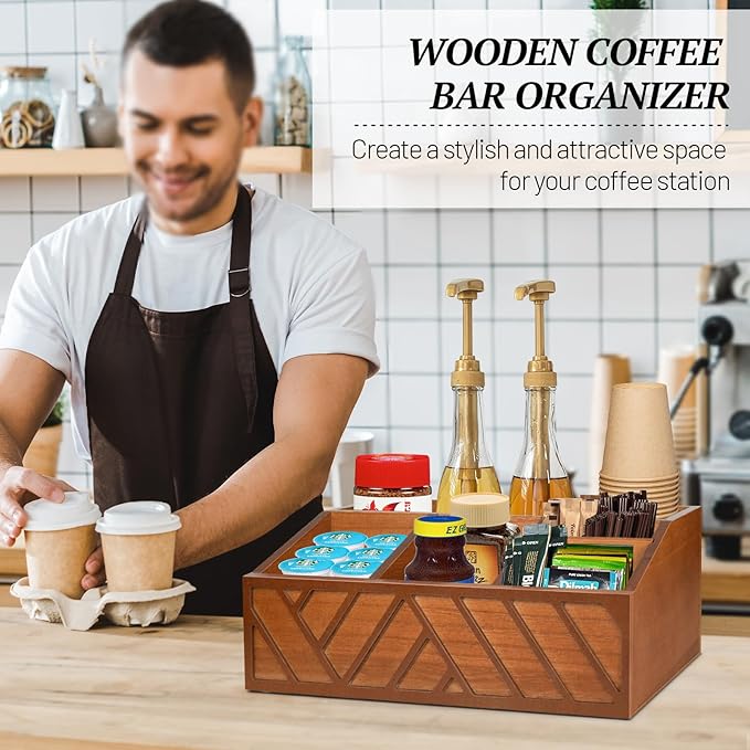 ugiftt Coffee Station Organizer for Counter, Wood Pods Holder Storage Basket, Tea Condiment Storage Organizer, Rustic Coffee Bar Decor for Accessories Organizer - Image 5