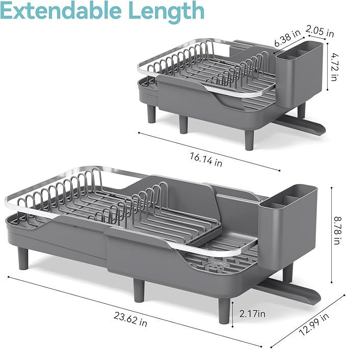 Urackify Expandable Dish Rack for Kitchen Counter, 16.14"-23.62" Large Stainless Steel Dish Drying Rack with Adjustable Water Spout, Space Saving Dish Drainer with Auto Draining Cutlery Holder,Grey - Image 7