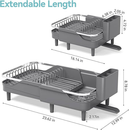 Urackify Expandable Dish Rack for Kitchen Counter, 16.14"-23.62" Large Stainless Steel Dish Drying Rack with Adjustable Water Spout, Space Saving Dish Drainer with Auto Draining Cutlery Holder,Grey - Image 7