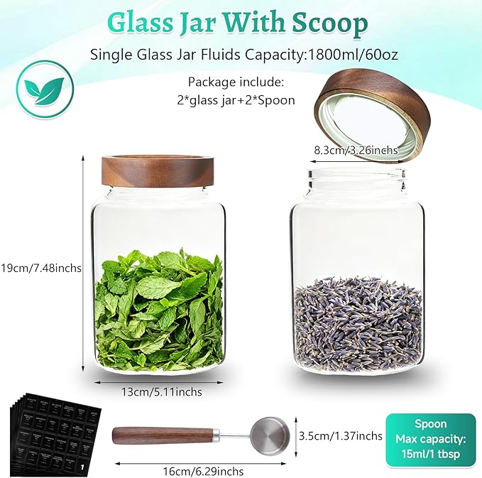 60 oz Glass Coffee Jars with Wooden Airtight Lid Spoon Clear Herb Ground Canister Round Food Storage Container for Sugar Pantry Flours Tea Coffee Bean Spice Cookies (1800ml/60oz-2PACK（with spoon)) - Image 3