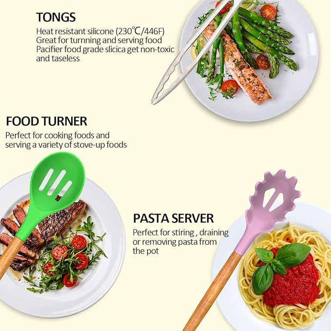 Umite Chef Kitchen Cooking Utensils Set, 33 pcs Non-stick Silicone Cooking Kitchen Utensils Spatula Set with Holder, Wooden Handle Silicone Kitchen Gadgets Utensil Set (Colorful) - Image 3