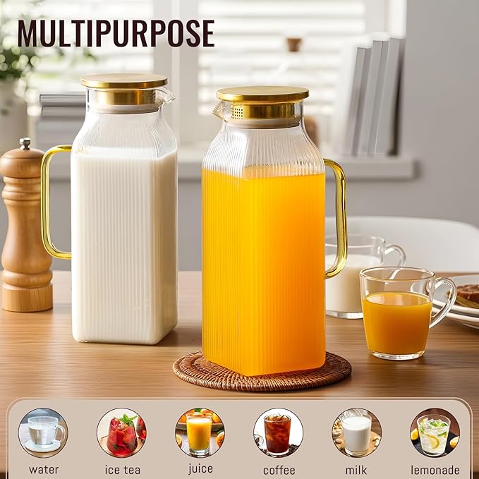 2 Pack 2 Liter/68 oz Square Glass Pitcher with Lid, Classic Stripes Water Pitchers with Handle for Fridge, Large Jug for Iced Tea, Coffee, Borosilicate Glass Carafe for Hot/Cold Brew Drink, Gold - Image 3