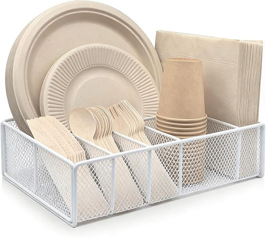 Dysanvica Metal Paper Plate Holder - Utensil Silverware Caddy for Kitchen Counter Cabinet Cutlery Flatware Organizer Storage Dispenser Box for Plastic Spoon Fork Plates Napkins Cup Party Camping White