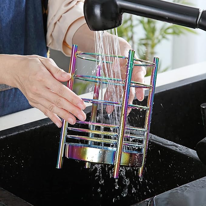 Rainbow Kitchen Utensil Holder for Kitchen Counter, Stainless Steel Utensil Crocks, Rainbow Titanium Coating Utensil Storage Caddy Organizer, Cooking Utensil Holder, Easy Cleaning(Rainbow/7.4''x5.2'') - Image 6