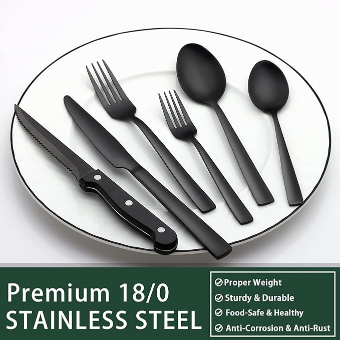 EWFEN 24-Piece Black Silverware Set with Steak Knives, Black Flatware Set for 4, Food-Grade Stainless Steel Tableware Cutlery Set, Mirror Finished Utensil Sets for Home Restaurant, Square Edge - Image 5