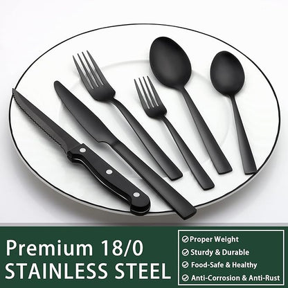 EWFEN 24-Piece Black Silverware Set with Steak Knives, Black Flatware Set for 4, Food-Grade Stainless Steel Tableware Cutlery Set, Mirror Finished Utensil Sets for Home Restaurant, Square Edge - Image 5