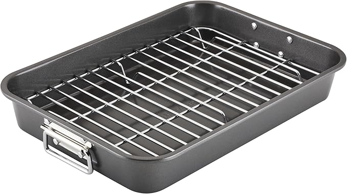 Farberware Bakeware Nonstick Steel Roaster with Flat Rack, 11-Inch x 15-Inch, Gray by Farberware