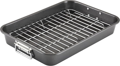Farberware Bakeware Nonstick Steel Roaster with Flat Rack, 11-Inch x 15-Inch, Gray by Farberware