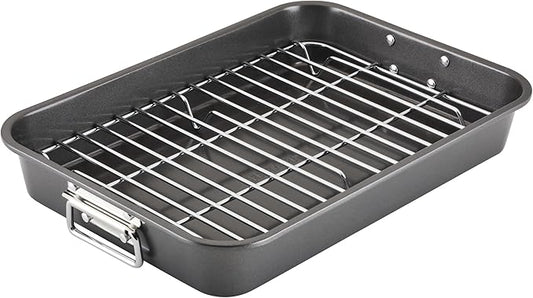 Farberware Bakeware Nonstick Steel Roaster with Flat Rack, 11-Inch x 15-Inch, Gray by Farberware