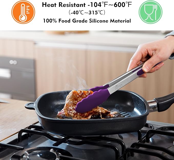 HOTEC Premium Stainless Steel Locking Kitchen Tongs with Silicon Tips, Set of 2-9" and 12" (Purple) - Image 2