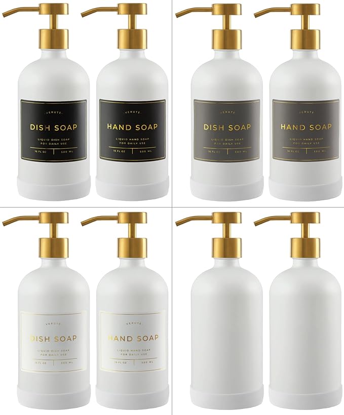 Hand and Dish Soap Dispenser for Kitchen and Bathroom, Set of 2 16 Oz Glass Bottles, Stainless Steel Pumps, Non-Slip Silicone Base, 27 Waterproof Labels (Matte White Bottle/Brushed Gold Pump) - Image 5