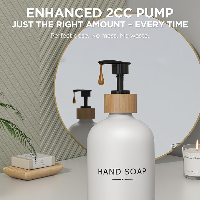 Hand and Dish Soap Dispenser Set,16oz Glass Bottles with Printed Labels, Bamboo Tray & Pump,Countertop Soap Dispensers for Kitchen,Luxury, Minimalist & Farmhouse Decor (Hand Dish (Black/White)) - Image 5