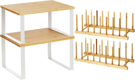 Marsui 4 Pcs Kitchen Organizer Accessories Set Cabinet Organizer Shelf and Bamboo Dish Drying Plate Rack Counter Shelves Storage Holder for Spice Rack, Dish, Pot Lid, Bowl, Cup(Wooden Color) by Marsui