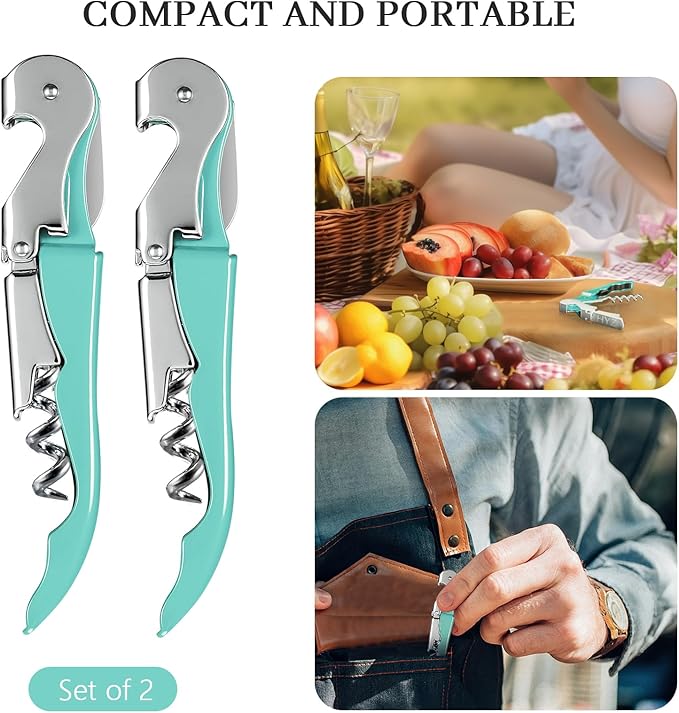 HYZ 2-Pack Wine Opener Waiter Corkscrew, Professional Wine Key for Servers, Bartender with Foil Cutter, Manual Wine Bottle Opener Double Hinged (Mint Green) - Image 6