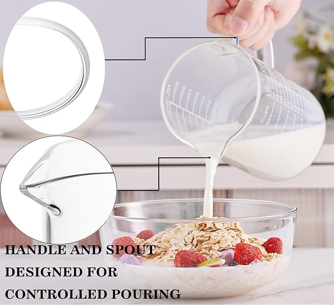 Ackers Etched Graduated Glass Measuring Cup - [Insulated Handle | V-Shaped Spout] - High Borosilicate Glass Measuring Cup for Kitchen or Dining, Easy to Read,1000 ML (32 Oz, 4 Cup) - Image 2