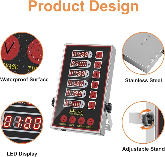 Precision Kitchen Timers for Cooking – 6 Channel Commercial Kitchen Timer Restaurant Kitchen Supplies – Stainless Steel Digital LED Chef Cooking Timer – Reminder Function, Loud Alarm, Black - Image 6