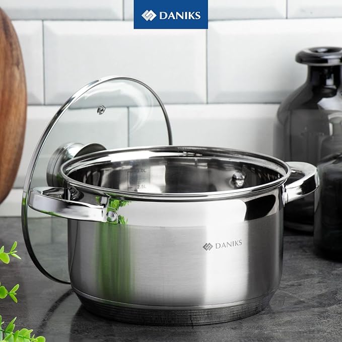 Daniks Standard 2 Quart Stainless Steel Stock Pot with Glass Lid, Tri-Ply Bottom for Even Heating, Induction Compatible, Dishwasher Safe, Built-In Measuring Scale, Silver