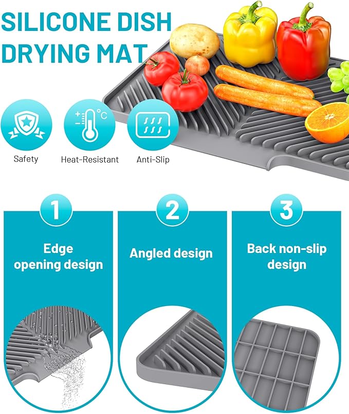 Dish Drying Mat Kitchen Counter - Silicone Dish Drying Pad with Built-in Drain for Sink, Refrigerator and Drawer Liner, Easy Clean, Non-Slip, Heat Resistant, 14.8" x 10.7" - Image 2