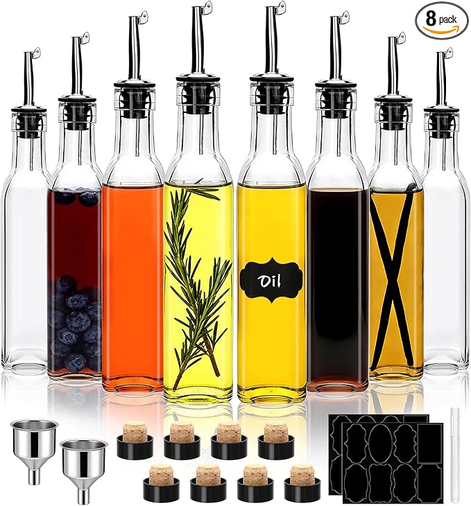 Salzesfalls 8oz Olive Oil Dispenser Bottle,Oil Dispenser for Kitchen,8 Pack olive oil dispenser with Stainless Steel Pourer Spouts,Vinegar Cruet Bottle with Pourers by Salzesfalls