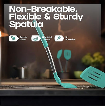 BakeRoyal Silicone Spatula Set - Turner Spatulas Silicone Heat Resistant 600°F - Slotted & Solid Spatula for Cooking Fish, Eggs, Pancakes Flipper – Spatulas for kitchen use – Turquoise - Image 6