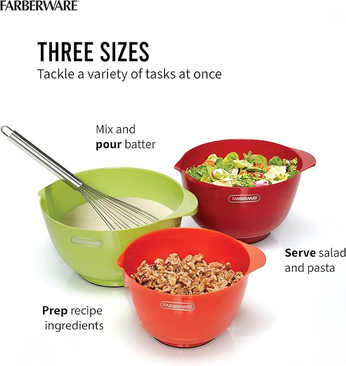 Farberware - 5216128 Farberware Professional Plastic Mixing Bowls, Set of 3, Orange/Red/LightGreen - Image 2