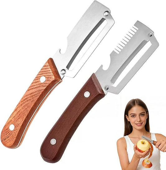 Roselli Wooden-Handled Stainless Steel Shredder and Peeler, Multifunctional Vegetable Peelers for Kitchen, Stainless Steel Peeler Knife with Wooden Handle & Bottle Opener (Shredder/Paring knife)