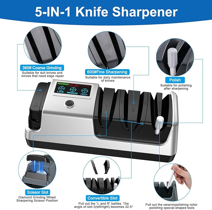 Upgrade 5-in-1 Electric Knife Sharpener, Professional 3-Stage with LCD Screen, 100% Diamond Abrasives, 3 Rotational Speed Adjustable, knife sharpener for Straight, Serrated, Meat Cleaver, Scissors - Image 3