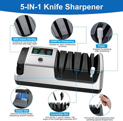 Upgrade 5-in-1 Electric Knife Sharpener, Professional 3-Stage with LCD Screen, 100% Diamond Abrasives, 3 Rotational Speed Adjustable, knife sharpener for Straight, Serrated, Meat Cleaver, Scissors - Image 3