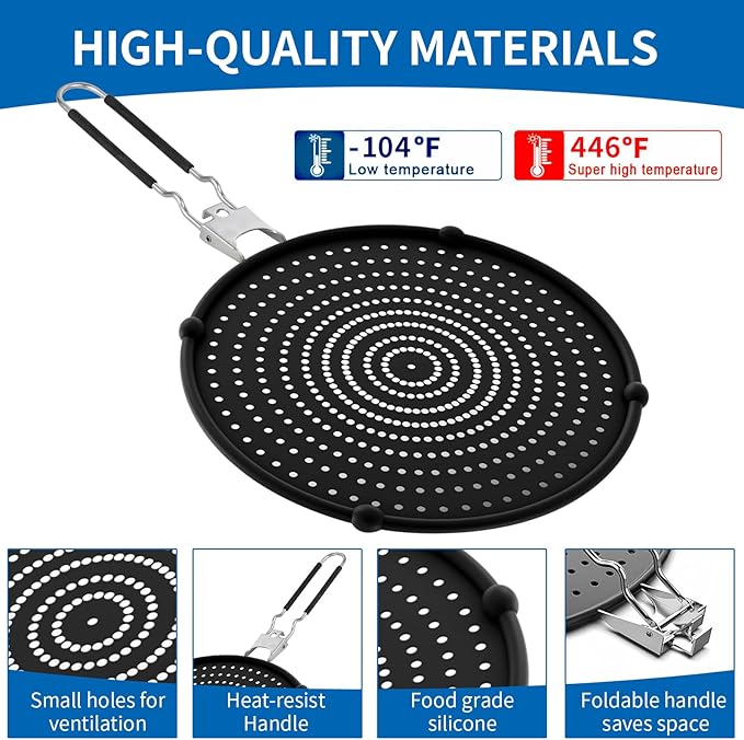 Splatter Screen Compatible with Hexclad,Heat Resistant Silicone with Folding Handle,Grease-Free Cooking,Dishwasher Safe,12.5 Inches,Black - Image 3