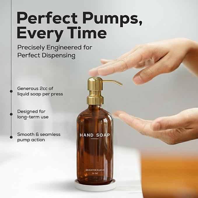 Luxury Glass Hand Soap Dispenser Bathroom Set by Brighter Barns - Refillable Liquid Hand Soap Dispenser Set for Kitchen - Gold Bathroom Decor and Accessories for Airbnb, Spa, Hotel, Gifts (Amber/Gold) - Image 4