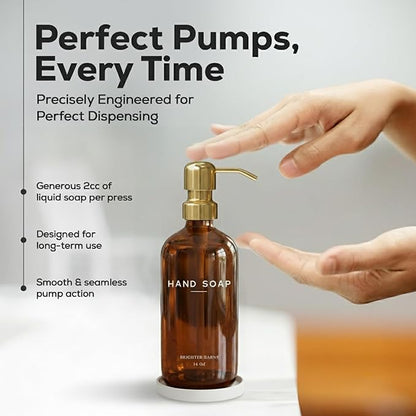 Luxury Glass Hand Soap Dispenser Bathroom Set by Brighter Barns - Refillable Liquid Hand Soap Dispenser Set for Kitchen - Gold Bathroom Decor and Accessories for Airbnb, Spa, Hotel, Gifts (Amber/Gold) - Image 4