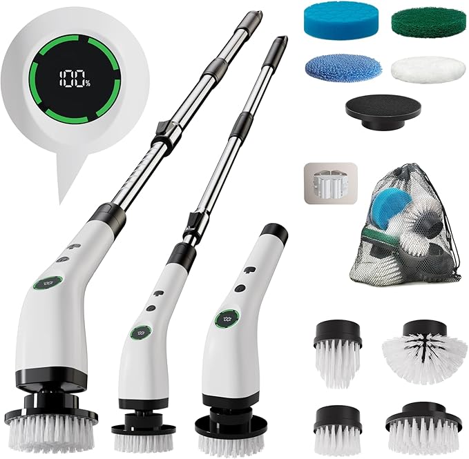 Electric Bathroom Cleaning Brush, Cordless Spin Scrubber Full Body Waterproof IPX7 with Adjustable Handle, 8 Replaceable Brush Heads for Bathtub/Kitchen/Window/Home -SD-CTB01 by Swyprrix