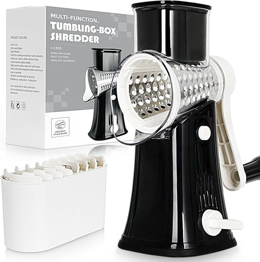 5-in-1 Rotary Cheese Grater Hand Crank, Vegetable Slicer Shredder with 5 Interchangeable Blades, Graters for Kitchen, Safe Kitchen Tool for Cheese, Nuts, Chocolate, Black